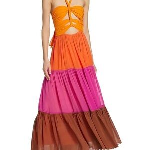 FARM Rio Strapless Dress in Orange, Pink, and Brown